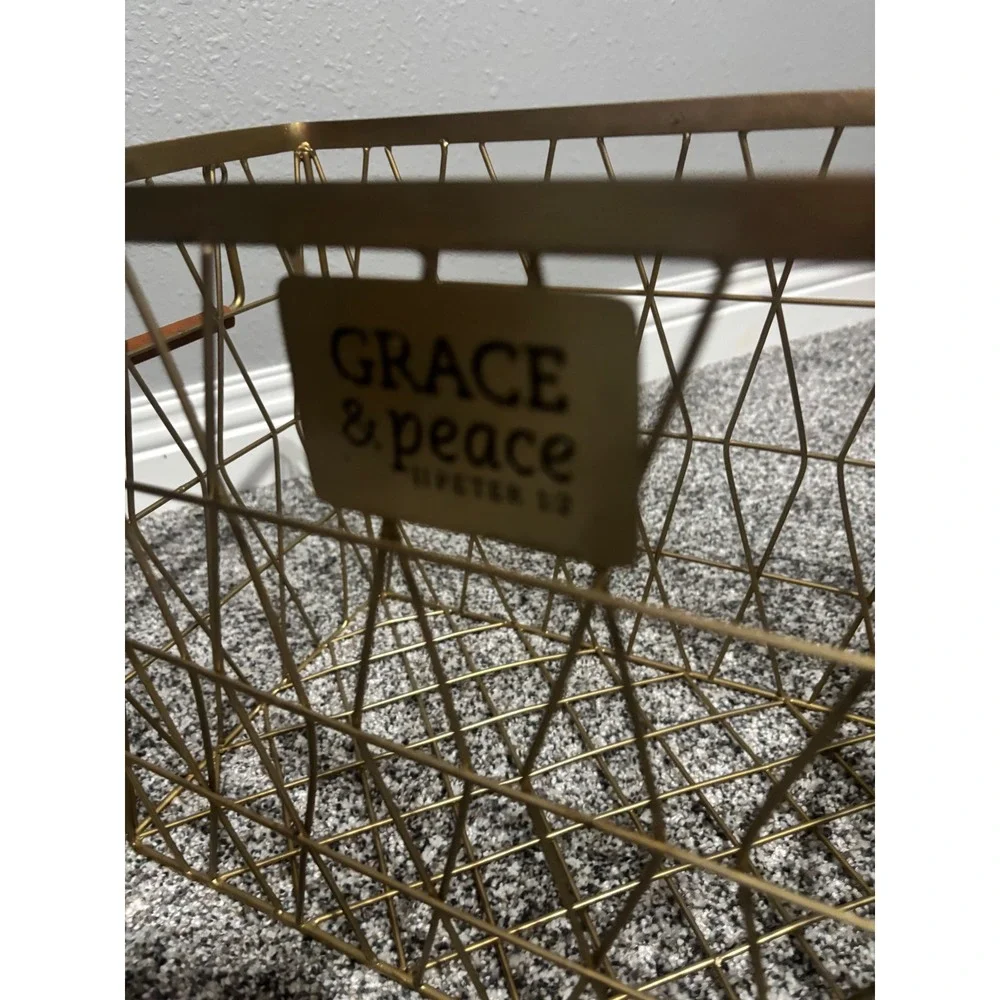 Grace & Peace Gold Wire Storage Basket II Peter 1:2 Geometric Metal Organizer